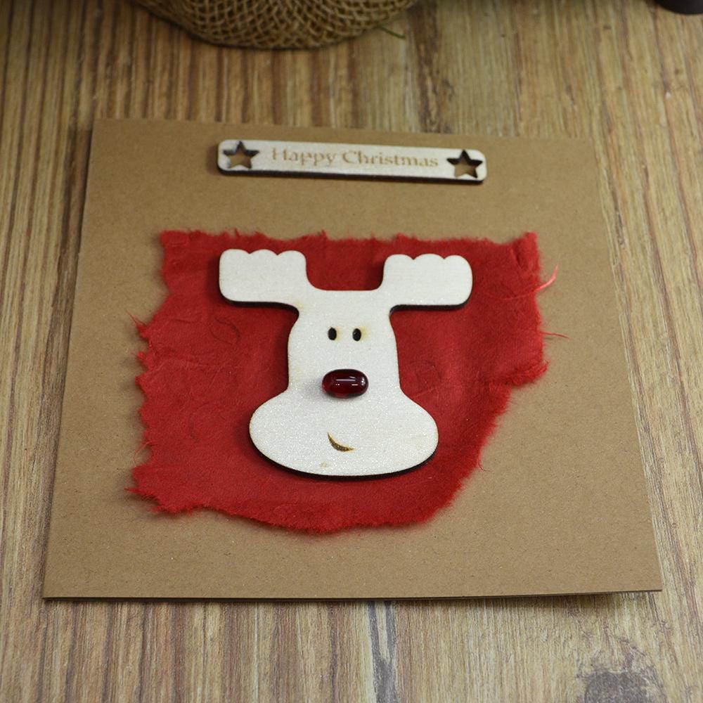 Handmade Wooden Christmas Reindeer Card with Fused Glass Red Nose