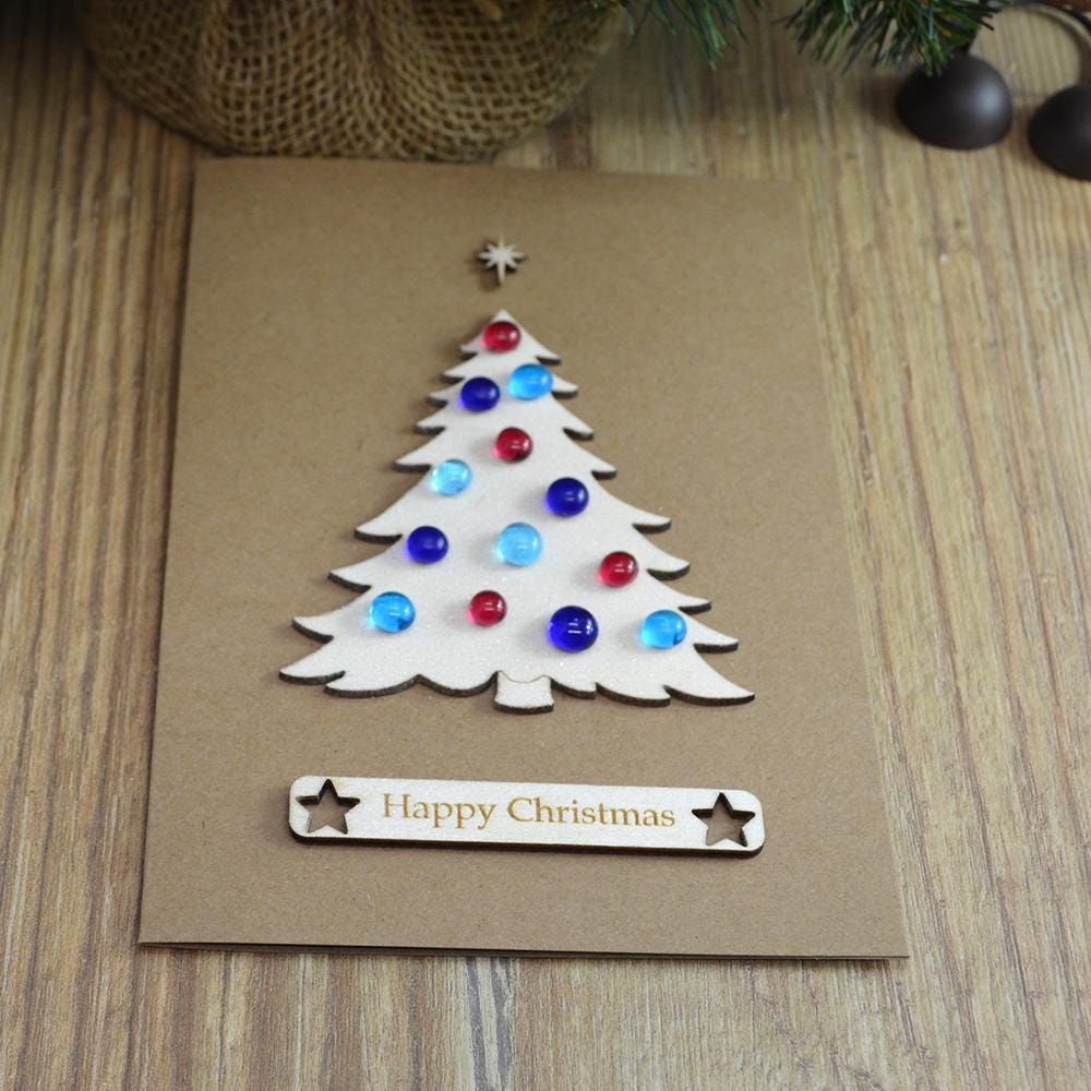 Handmade Wooden Christmas Tree Card with Fused Glass Baubles