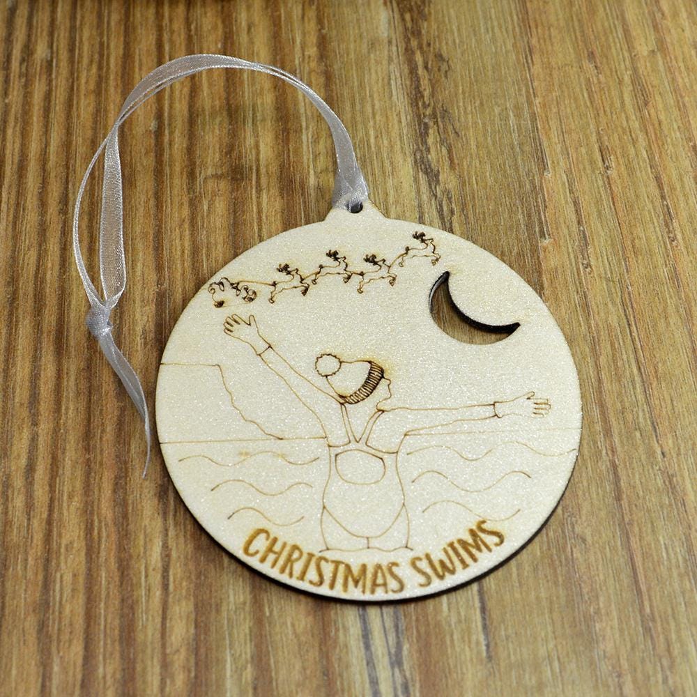 Wild Swimmer Wooden Christmas Ornament: Glitter Holiday Decoration