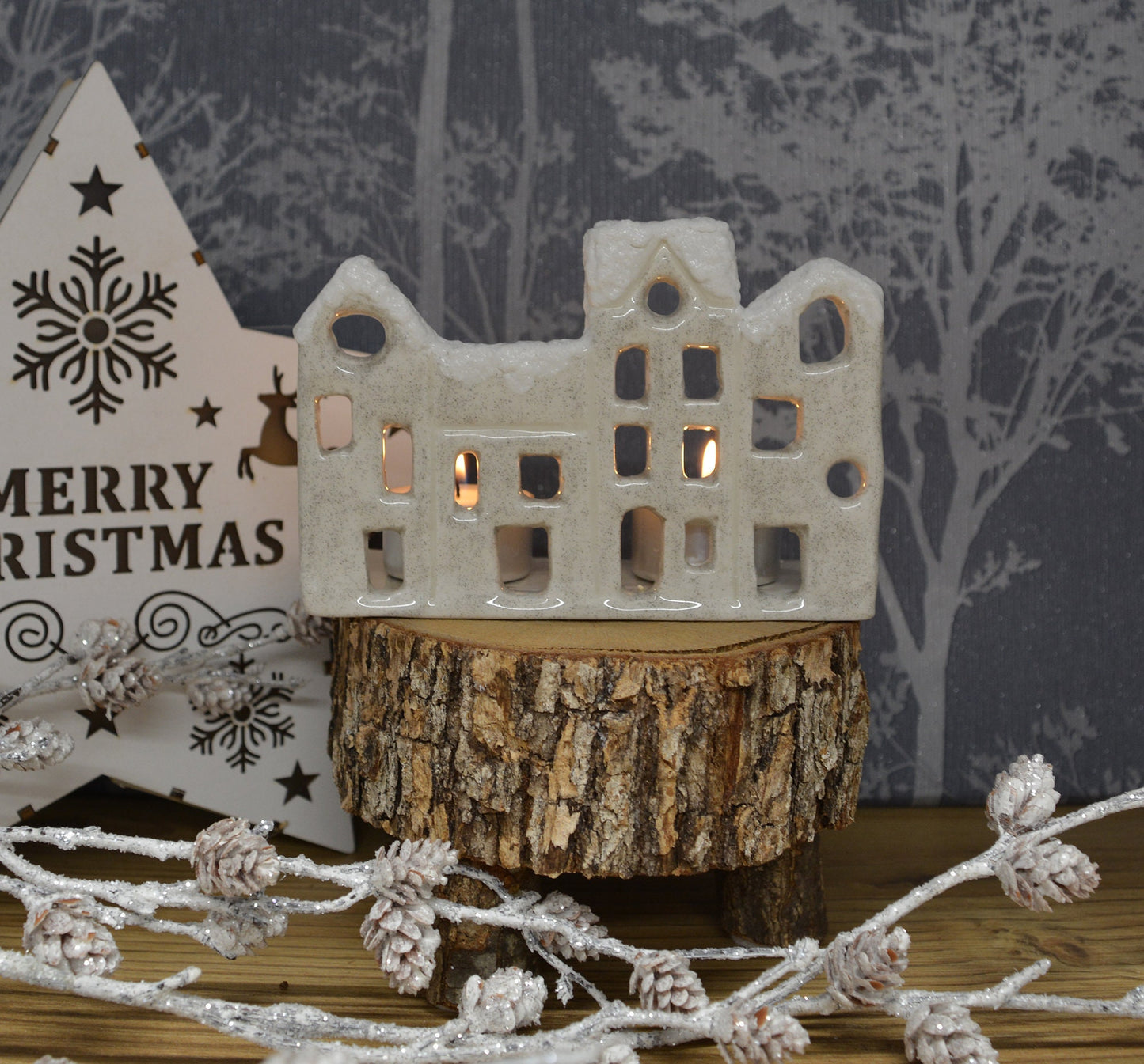 Handmade Ceramic Christmas Tealight Street Scene