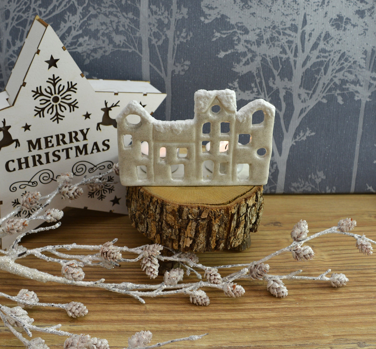 Handmade Ceramic Christmas Tealight Street Scene
