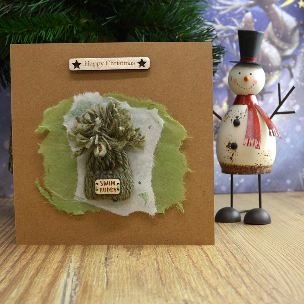 Handmade Green Bobble Hat Wild Swimmer Christmas Card, Birthday Card