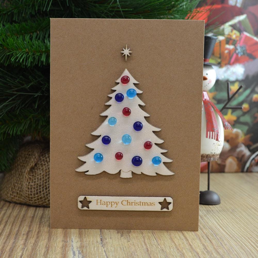 Handmade Wooden Christmas Tree Card with Fused Glass Baubles