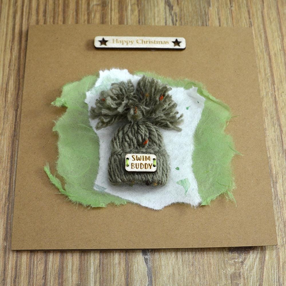 Handmade Green Bobble Hat Wild Swimmer Christmas Card, Birthday Card