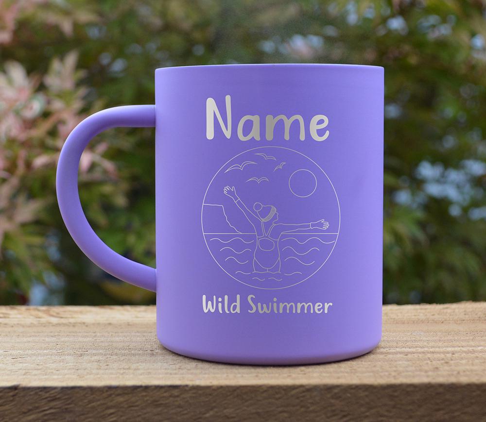 Personalized Wild Swimming Thermal Mug: Stainless Steel, Cold Water Swimmer Gift