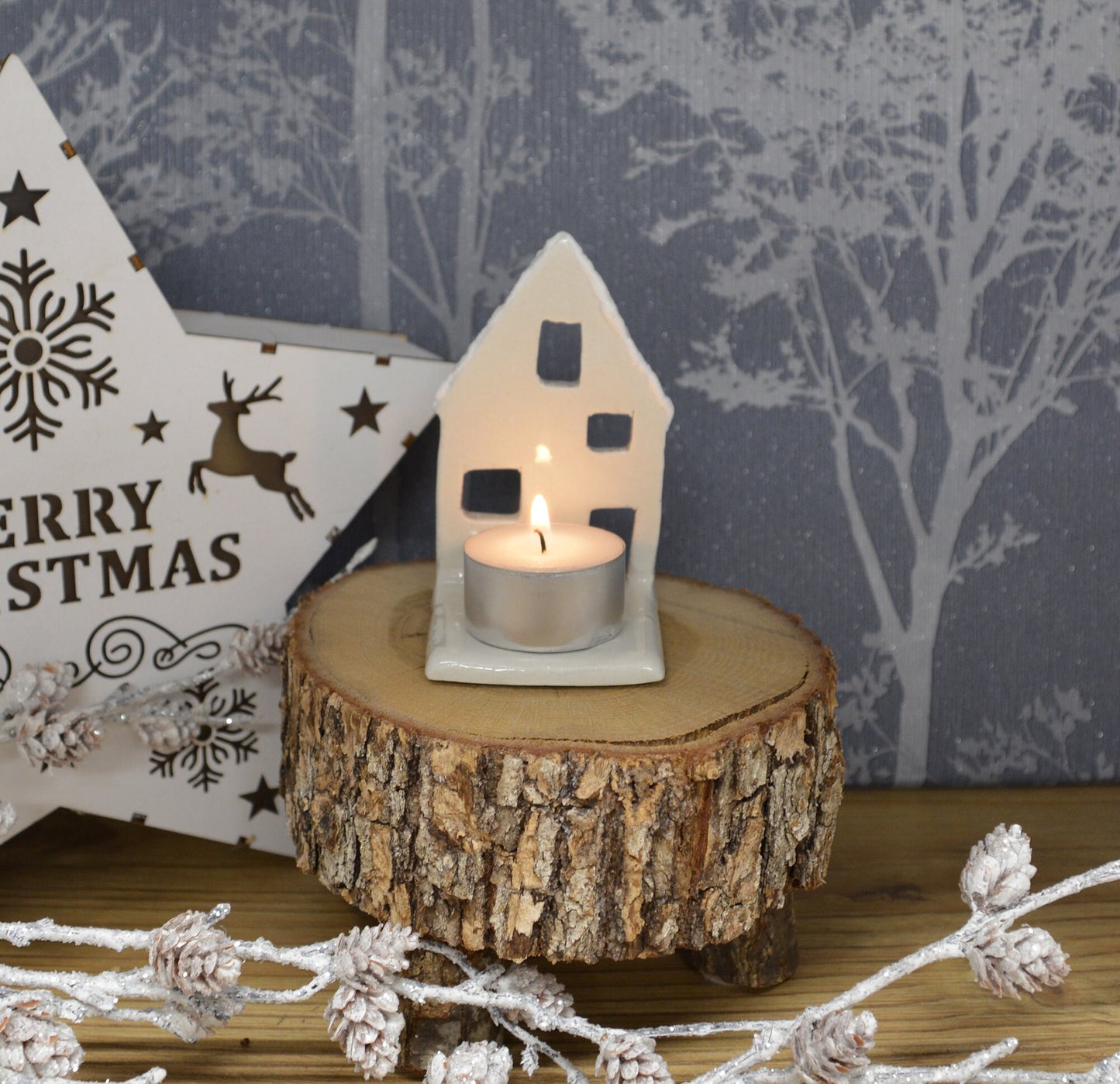 Unique Handmade Ceramic Little Christmas House Tealight