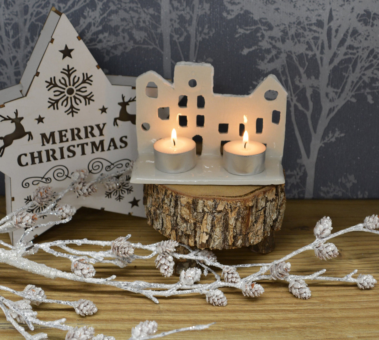 Handmade Ceramic Christmas Tealight Street Scene