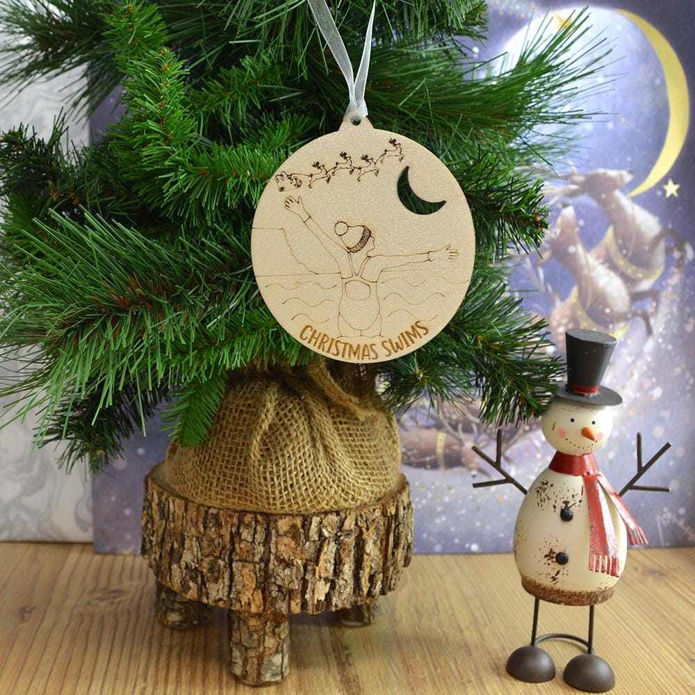 Wild Swimmer Wooden Christmas Ornament: Glitter Holiday Decoration