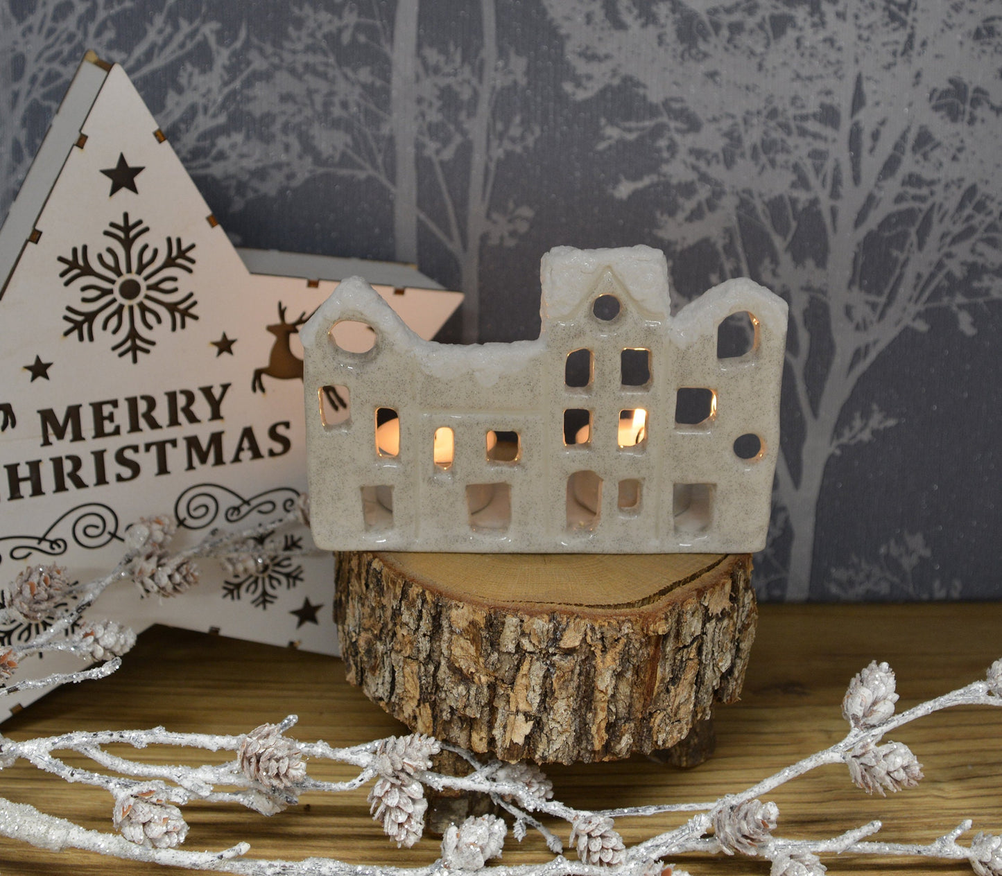 Handmade Ceramic Christmas Tealight Street Scene
