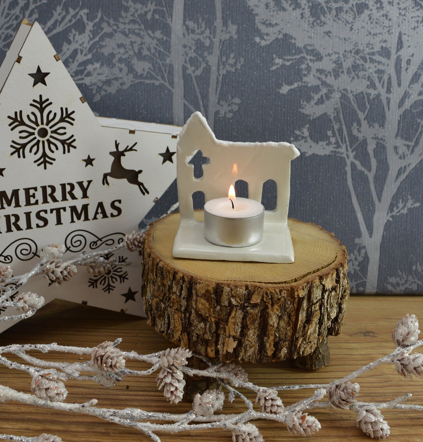 Unique Handmade Ceramic Christmas Church Tealight