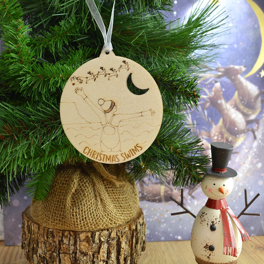 Wild Swimmer Wooden Christmas Ornament: Glitter Holiday Decoration