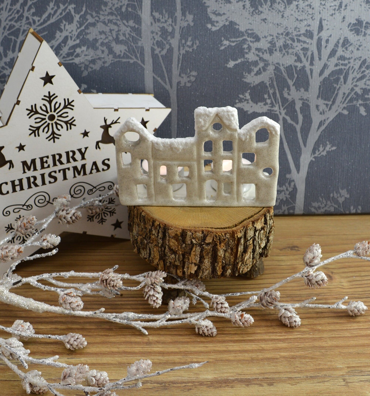 Handmade Ceramic Christmas Tealight Street Scene