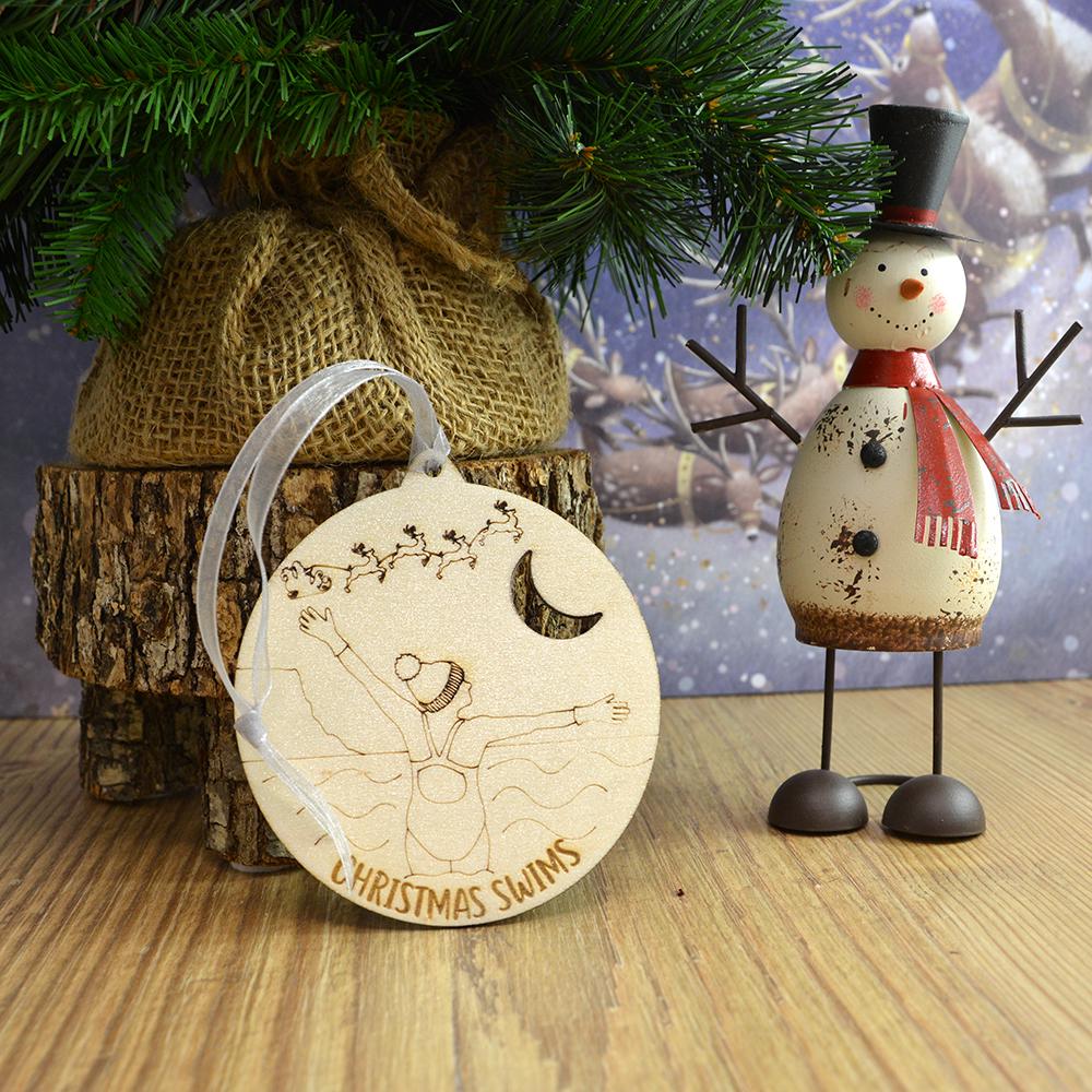 Wild Swimmer Wooden Christmas Ornament: Glitter Holiday Decoration