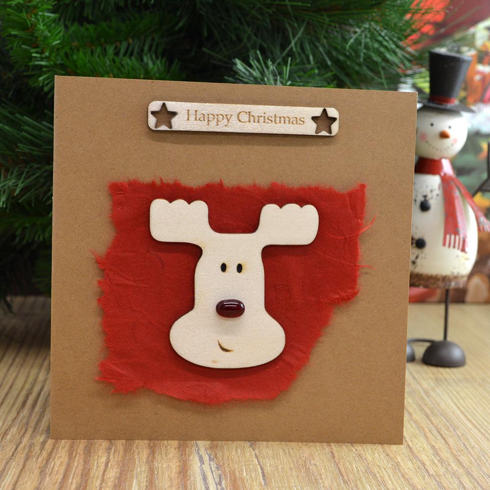 Handmade Wooden Christmas Reindeer Card with Fused Glass Red Nose