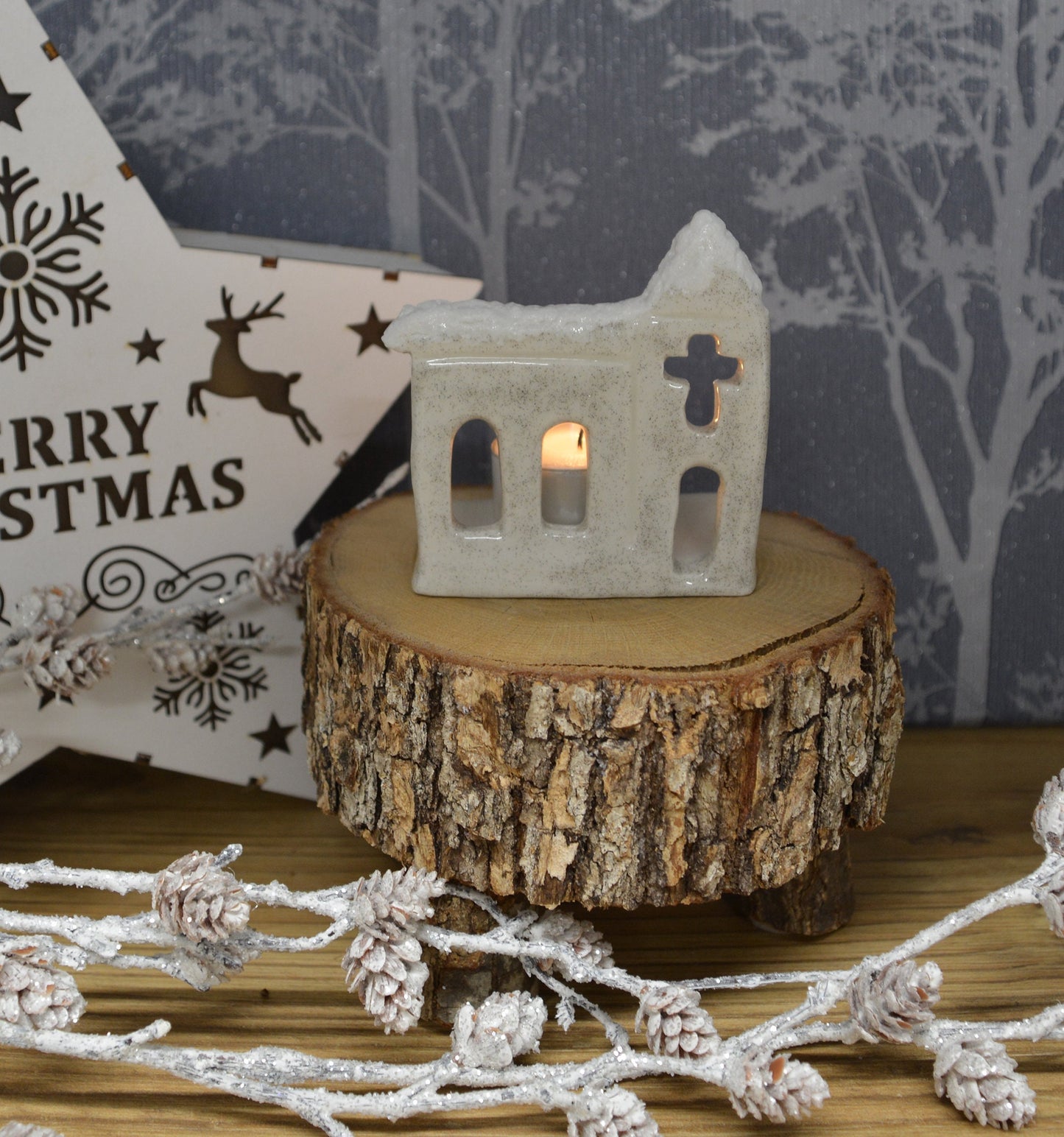 Unique Handmade Ceramic Christmas Church Tealight