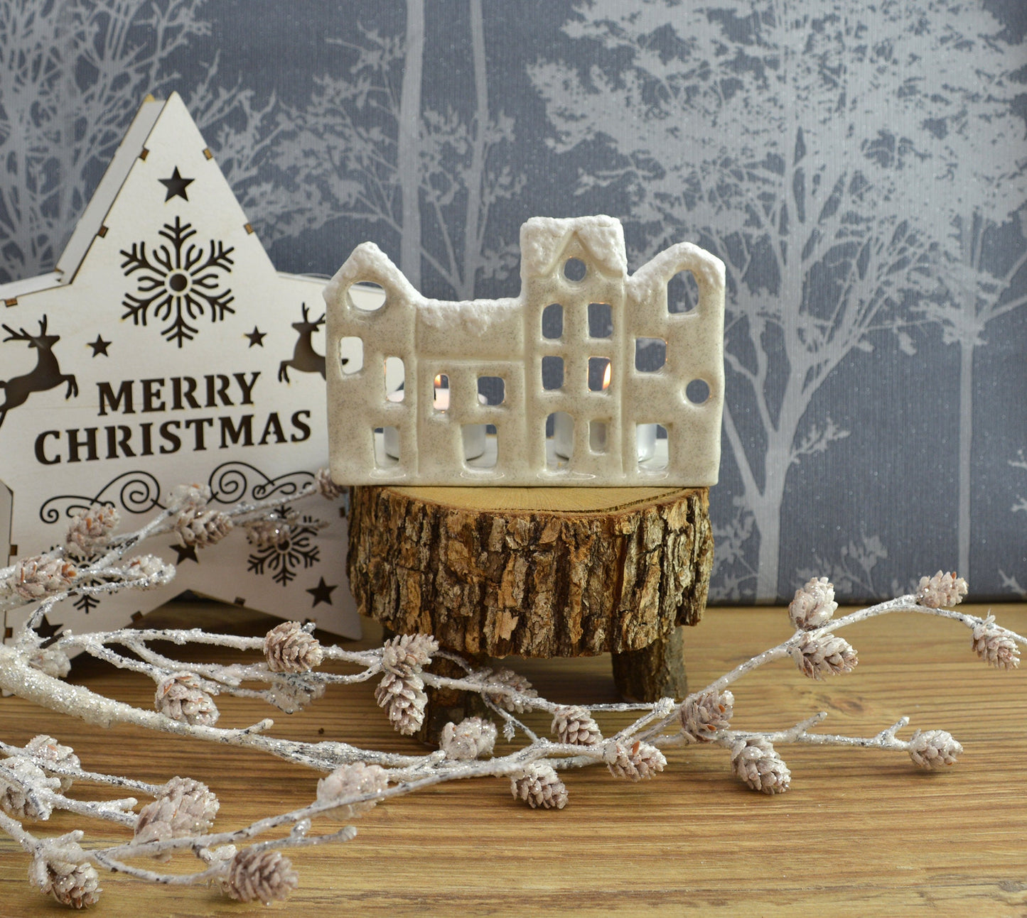 Handmade Ceramic Christmas Tealight Street Scene